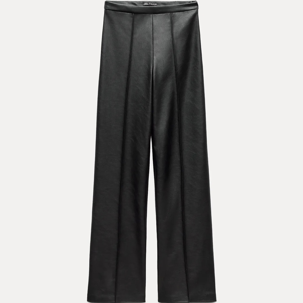 Wide Leg Faux Leather Pants - Black